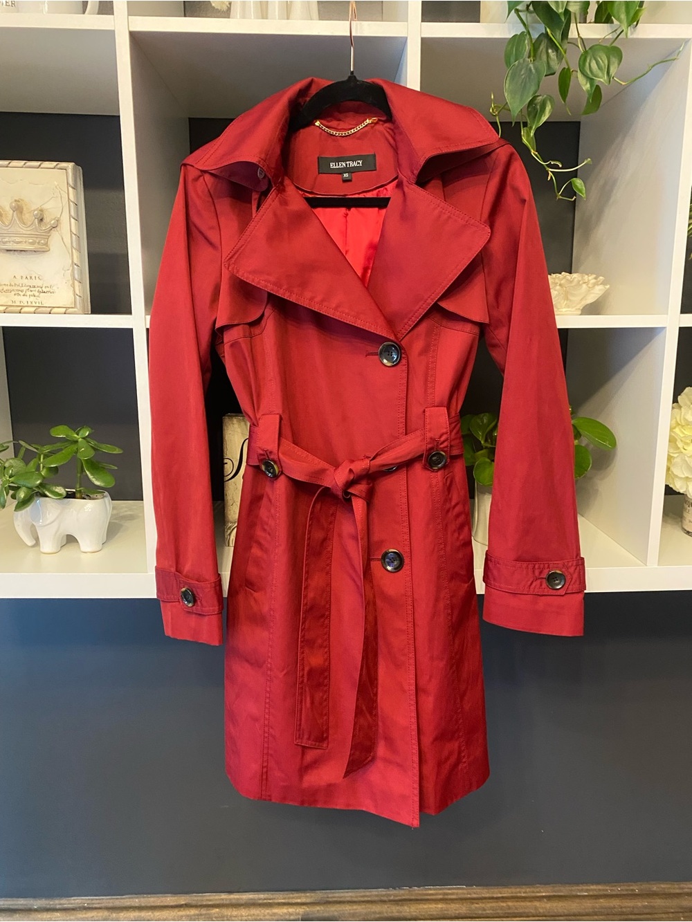 Stunning Red Ellen Tracy Trench Coat with Tie Belt and Removable Hood